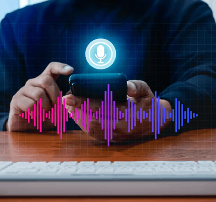 Digital audio wave on a smartphone, representing extended audio descriptions at vanan captioning for in-depth narratives.