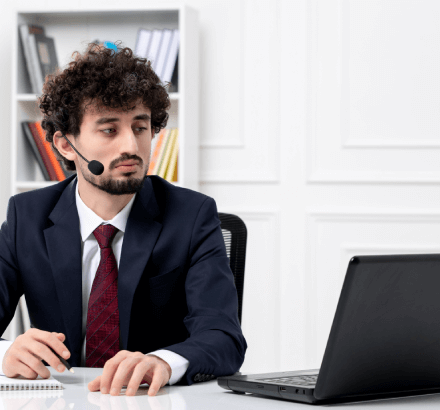 Handsome young man with a headset and laptop, taking notes to provide captioning solutions with advanced features and tools.