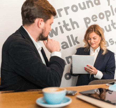 A customer benefiting from business-related closed captioning services in Atlanta, tailored for promotions and marketing.