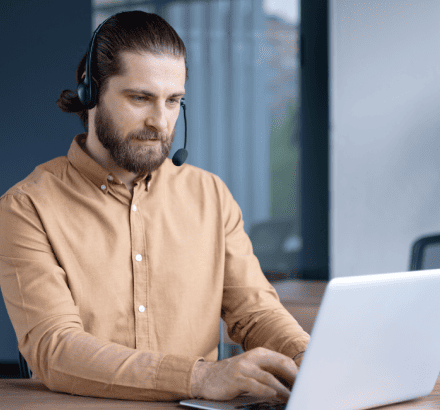 The client uses a device with descriptive narration and captions from closed captioning services in Las Vegas.