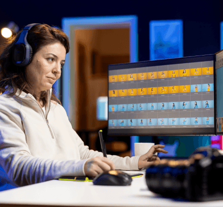 Editor compares before and after clips, showing Polish Subtitling Services improvements in timing and punctuation.