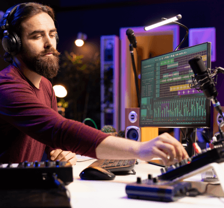A captioner times SDH music and FX cues in Netflix Captioning Services while watching the final cut on a monitor.