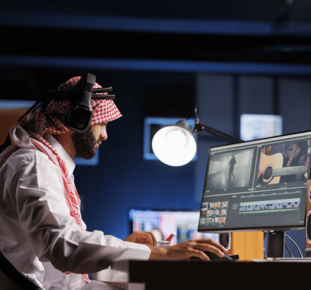 A subtitler working on Arabic subtitles ensuring FCC and ADA compliance for global accessibility and legal standards.